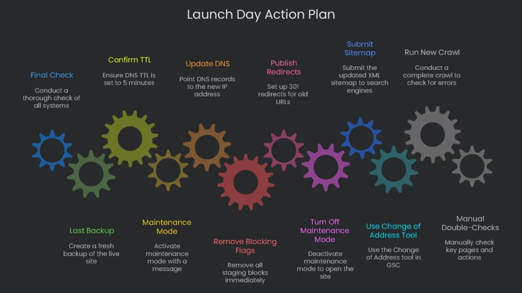 An operational checklist created for the website launch day that outlines important tasks.