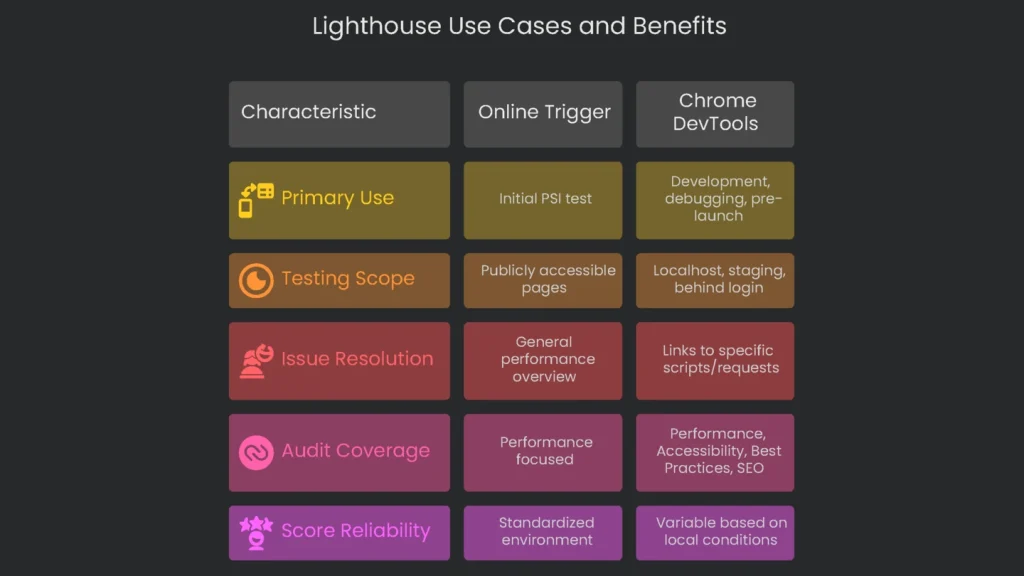 An infographic describing the use cases and the advantages of the Lighthouse tool for website audits.