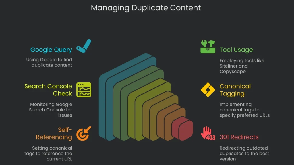 Image illustrating how to utilize canonical tags and redirect URLs to resolve duplicate content issues.