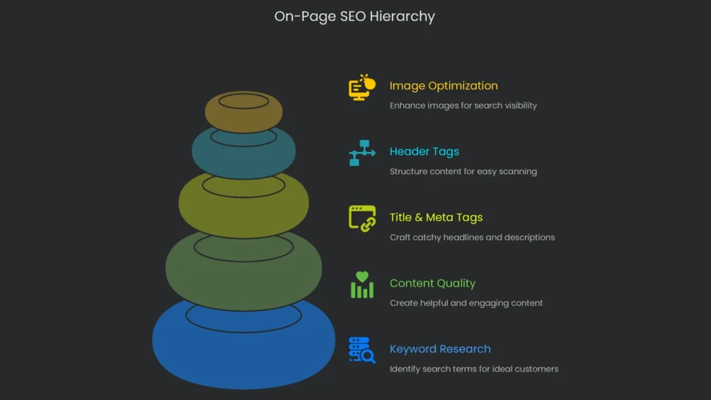 An illustration of a hierarchical pyramid showing the on-page SEO elements ranging from the title tag to the content of the page.