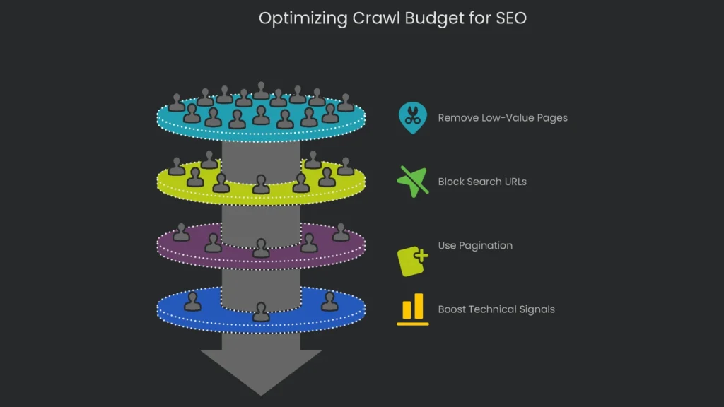 A two step process to optimize crawl budget for SEO focused on limiting the budget to worthwhile tasks which are: reduce low-value URLs, improve speed, and fix errors.