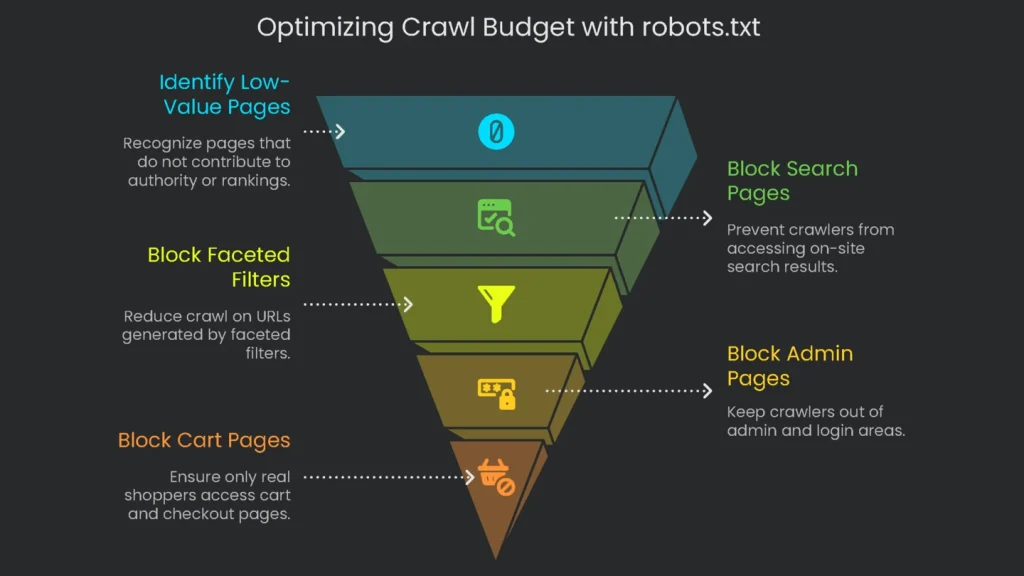 A graphic illustrating the best approaches to optimize crawl budget by strategically using blocks from the robots.txt.