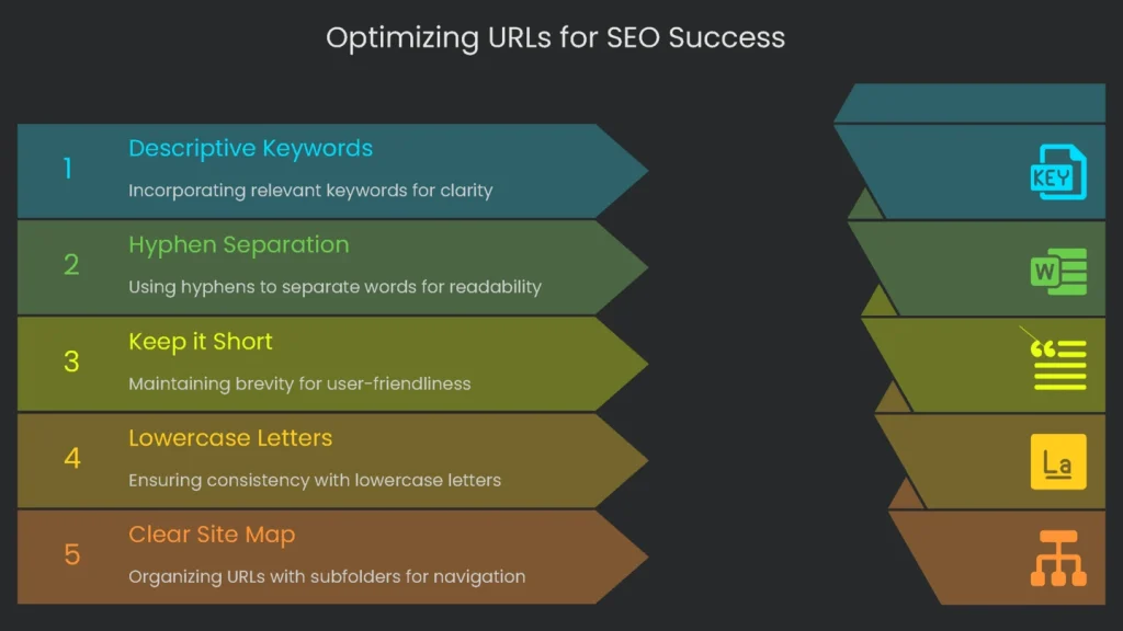 A checklist of elements URL\'s must have to achieve successful SEO: shortened length, easily read, and use target keywords.