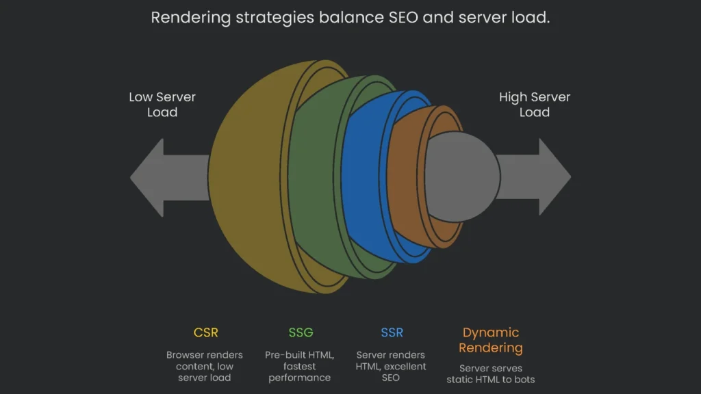 A balance weighing different approaches to page rendering (CSR vs SSR vs SSG) for SEO and server strain.