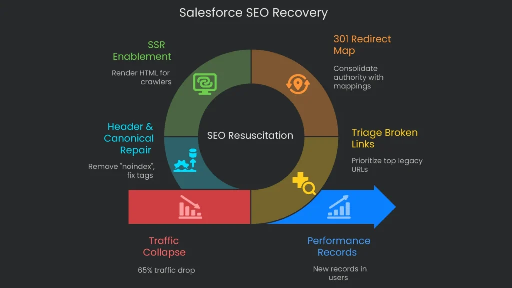 A line graph depicting Salesforce SEO recovery after a major change to the underlying platform.