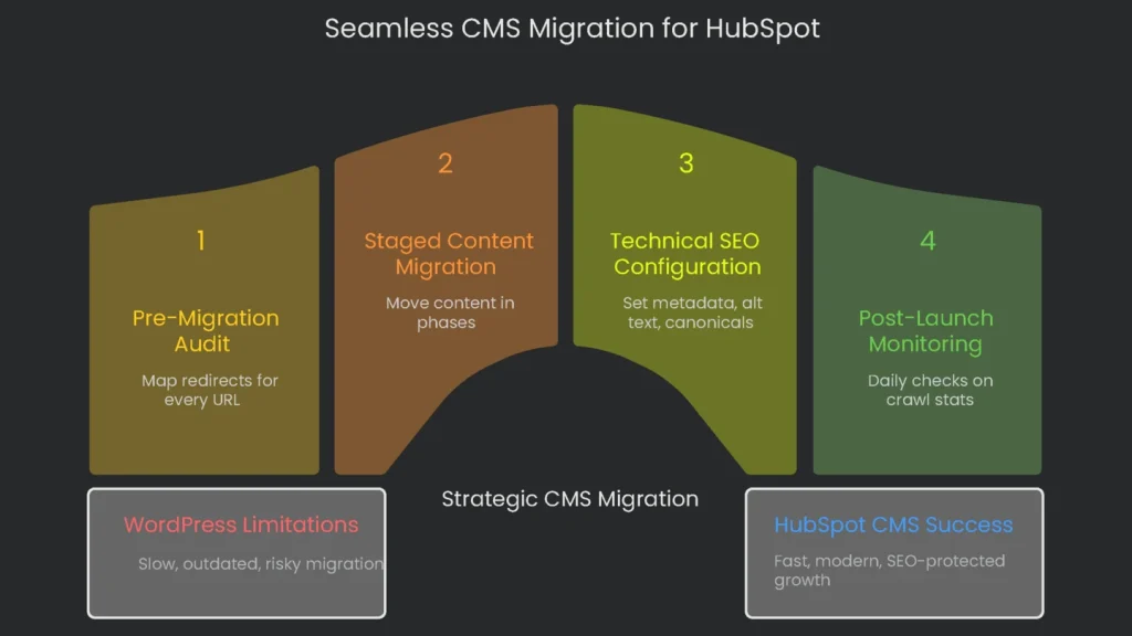 A image demonstrating the complete, seamless migration of a CMS to HubSpot with no data loss and no downtime.