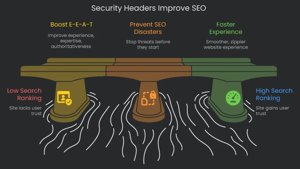 A line graph depicting the impact of applying the security headers on the SEO performance of a webpage.