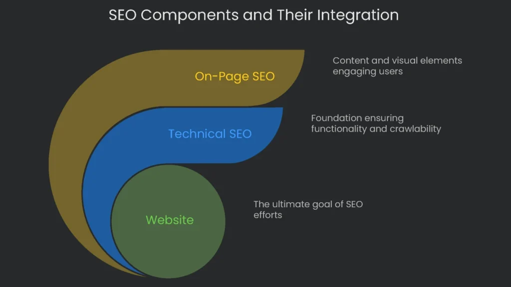 A graphic puzzle showcasing the integration of different SEO components (technical SEO, on-page SEO, and off-page SEO the cross puzzle together)..