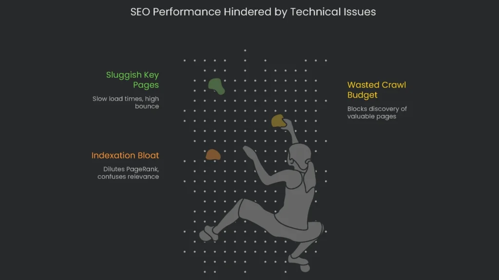 An SEO illustration of a machine that has unresponsive SEO performance due to technical issues.