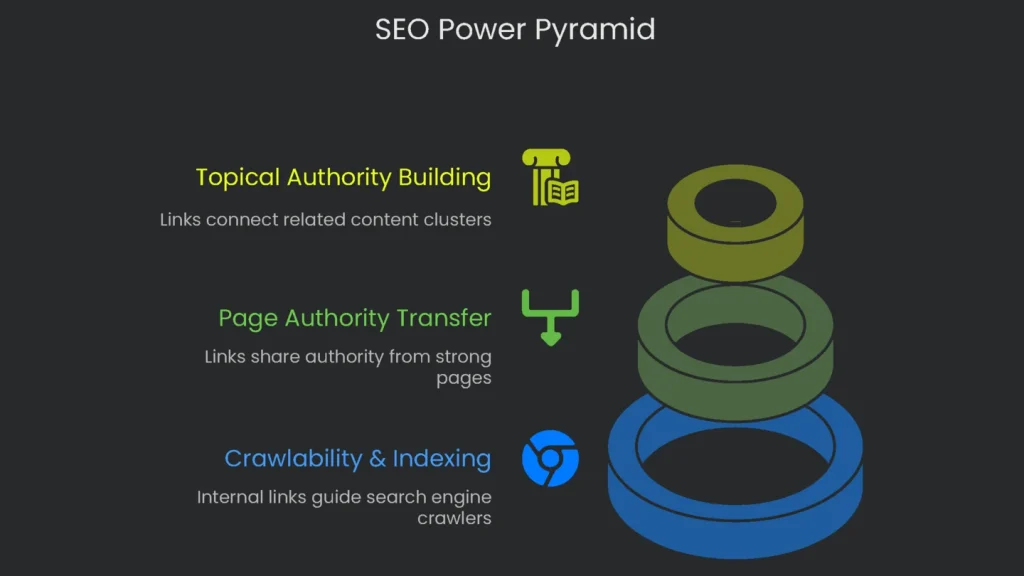 Pyramid chart with classification of SEO metrics and technical SEO placed at the base as the most crucial.