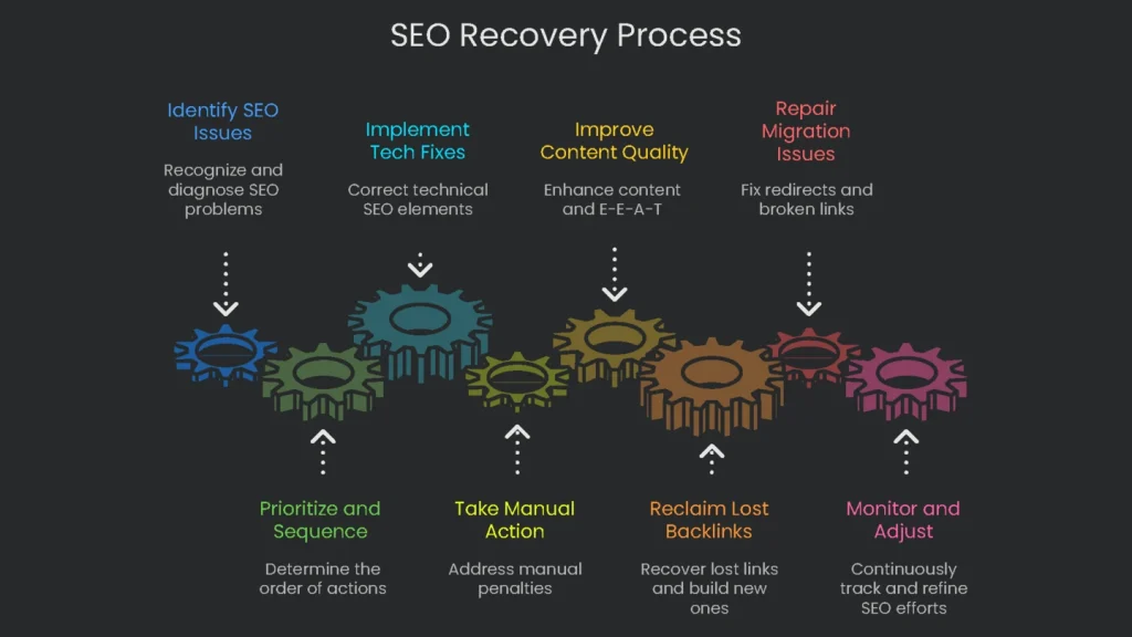 Flowchart detailing the SEO DC process post a significant site ranking drop.