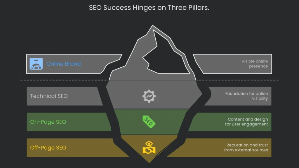 A three pillar diagram showing that the success of the a site is based on the technical, on-page and the off-page of the site SEO.