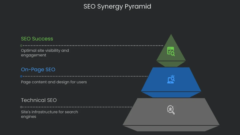 A pyramid diagram showing the three levels of integration of technical SEO and on-page SEO as well as off-page SEO.