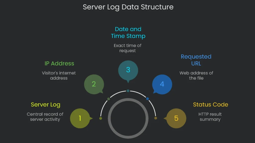Diagram of a server log with IP address, timestamp, and request method.