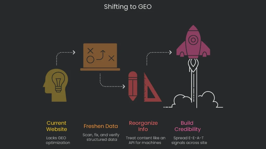A graphic depicting the carried out transition of SEO to a GEO encompassing model.