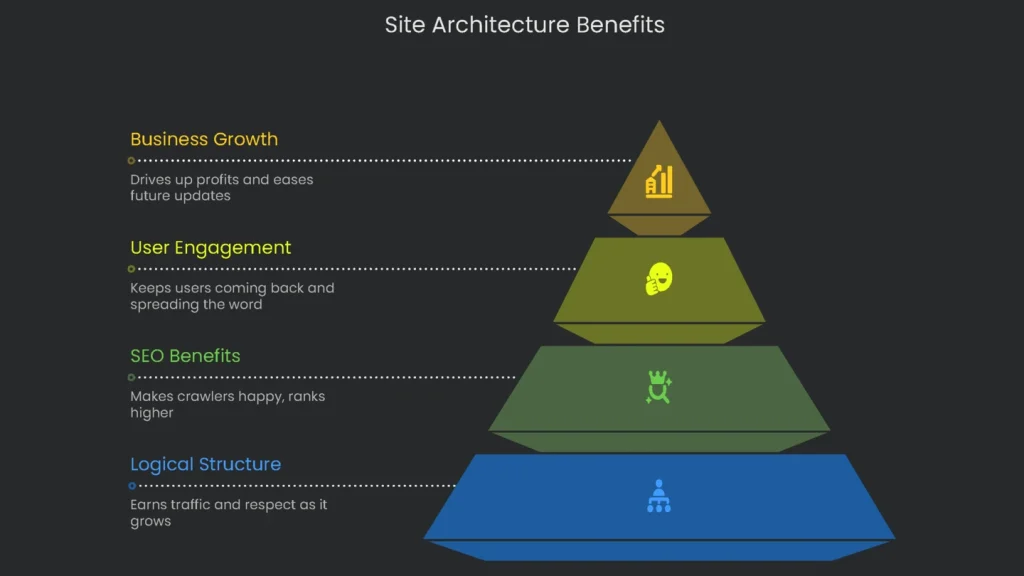 Infographic compiling advantages of boosting SEO and usability by architectural planning of a site.