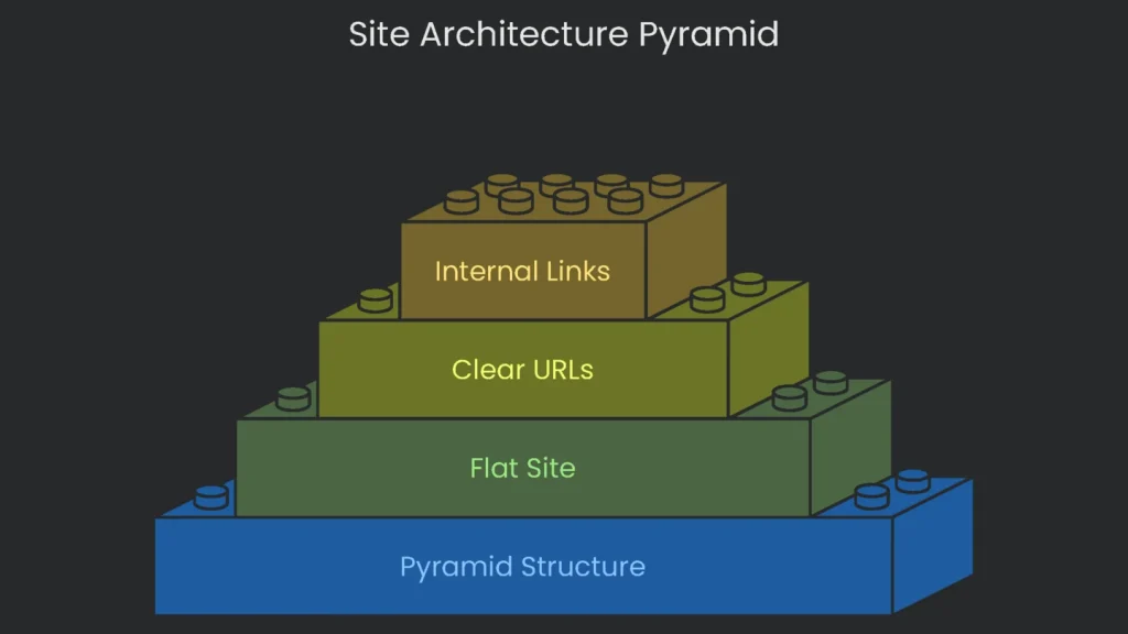 Pyramid diagram exemplifying coherent intent of theme of site architecture over physical layouts horizontal diagrammed of logical hierarchies.