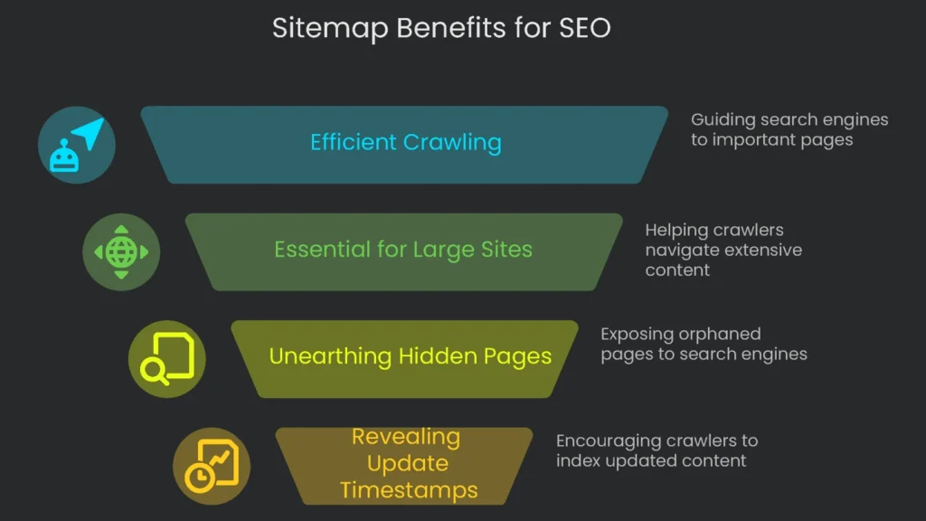 The most important points explaining the use of an XML sitemap document to assist with Search Engine Optimization.