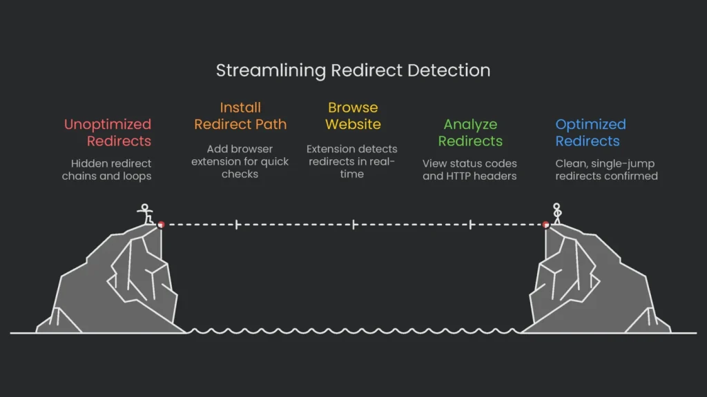 A workflow designed for the efficient redirect detection and analysis using SEO software tools.