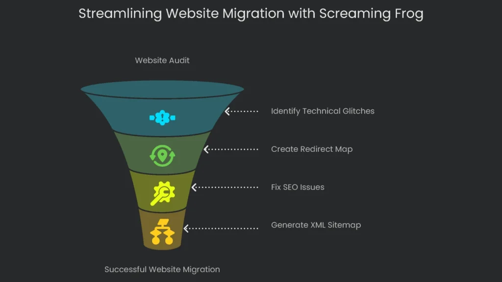 An illustration that describes how Screaming Frog helps website migration by problem detection.