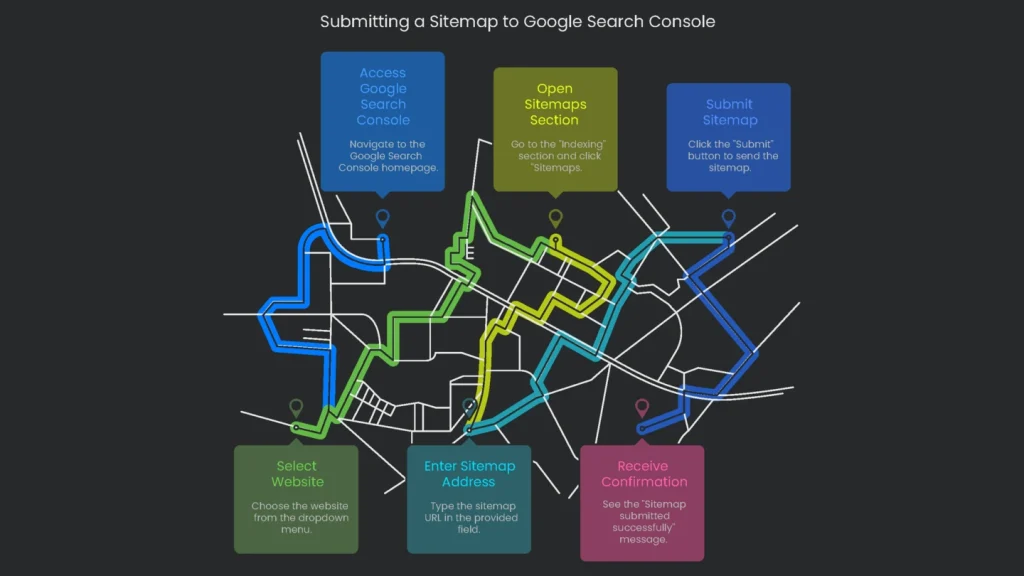 An annotated screen capture demonstrating the process of submitting a sitemap to a user in the Google Search Console.
