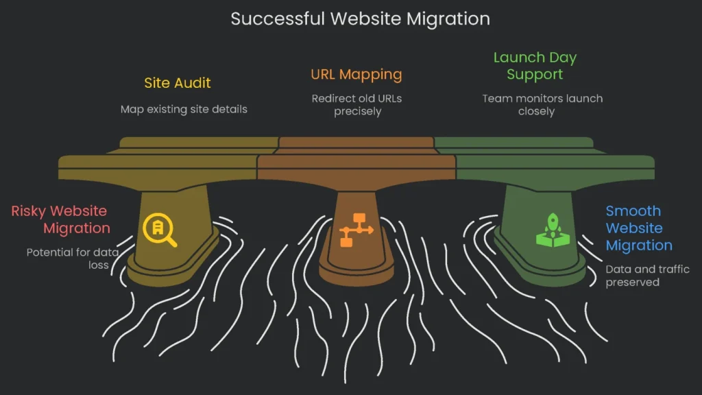 A group congratulating themselves over a successful website migration without a single visitor lost.