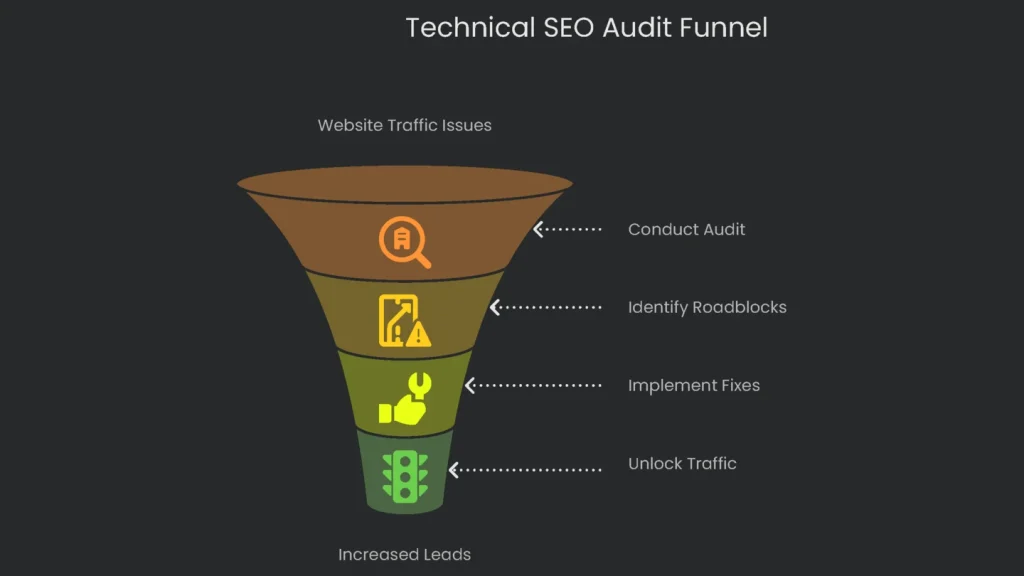 Funnel diagram depicting the workflow for a technical SEO audit capturing from the data collection stage to the reporting stage.