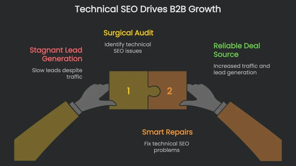 An upward arrow graph depicting The Technical SEO Impact on B2B Growth.