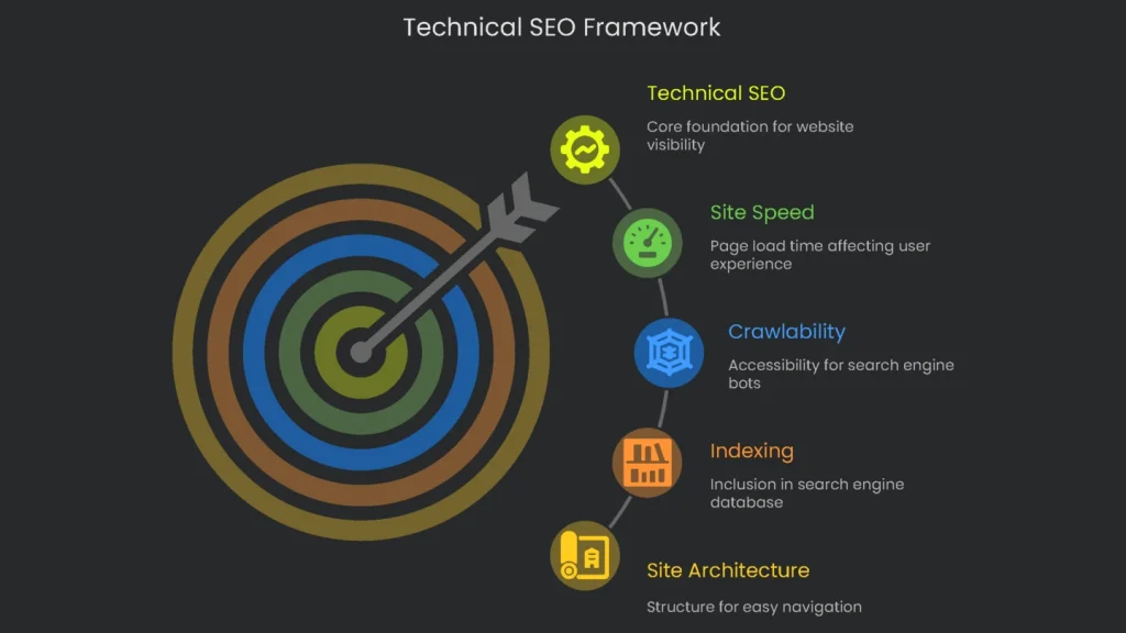 A framework illustration for the application of an all rounded technical SEO strategy for the site.