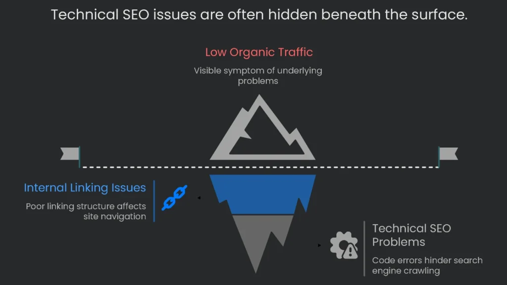 Visual representation of an iceberg with on-page obstacles clearly crossed and hidden technical SEO barriers submerged.