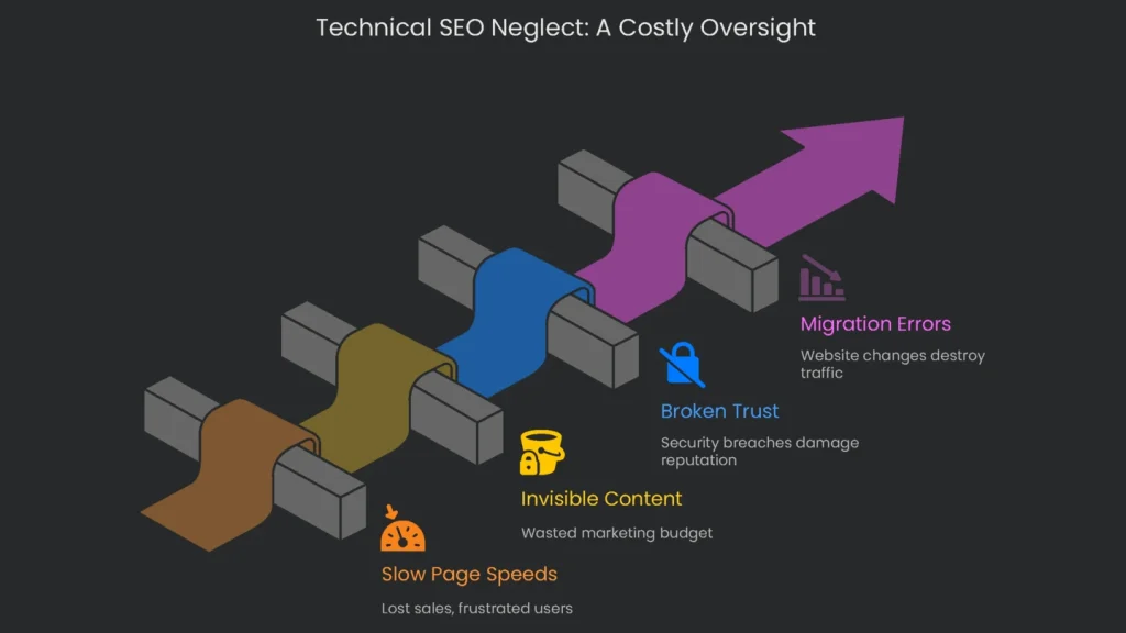 The warning signs of a website, showing technical SEO neglect that requires urgent correction.