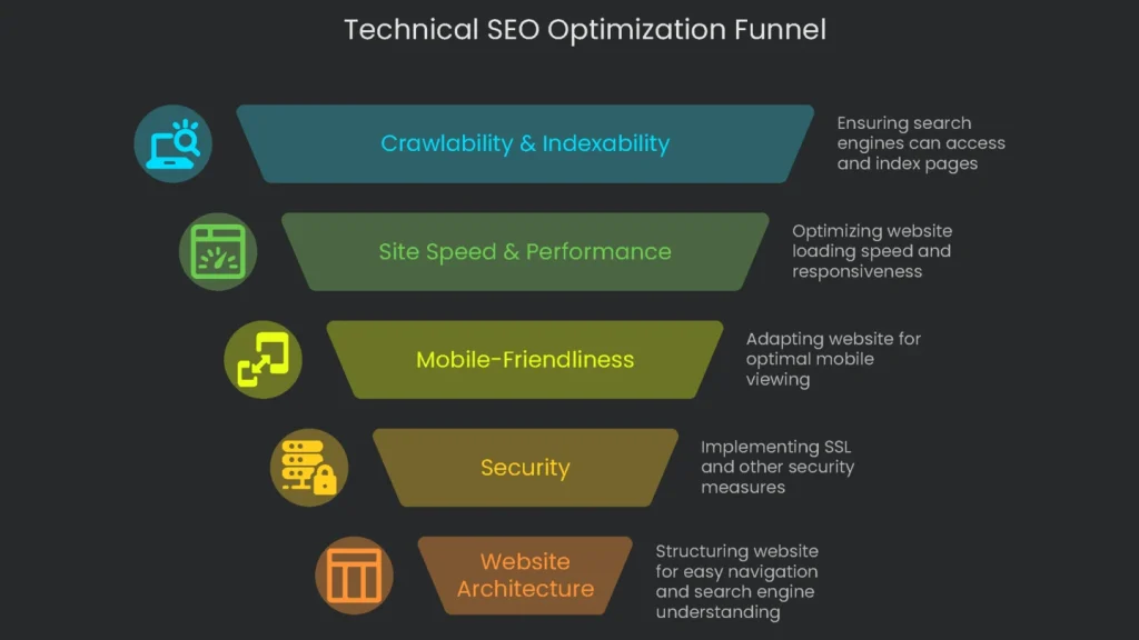 A funnel illustration showing a flow of a technical seo optimisation project.