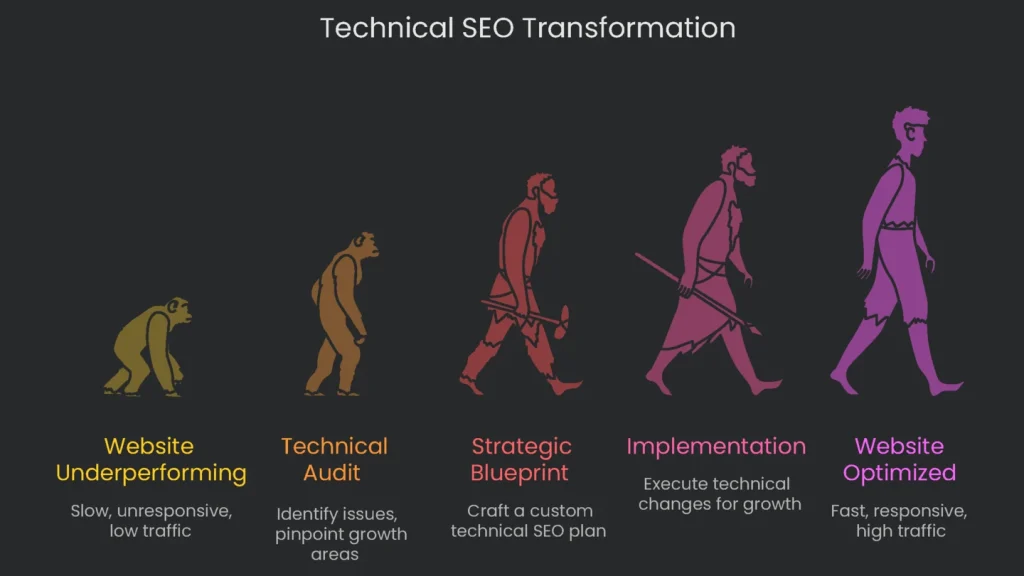 A diagram that shows the transformation and optimization for a technical SEO project.