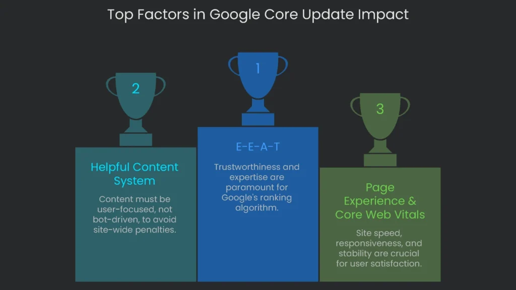 Infographic documenting the primary reasons of a website suffering the consequences of a Google core update.