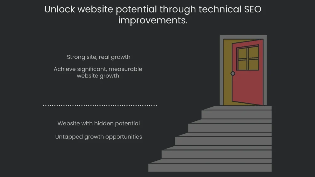 An illustration of a staircase with the top ending in an open door. This represents how technical SEO changes unleashes growth on a site, and in turn, unlocks the site’s hidden potential, leading to growth that can be measured.