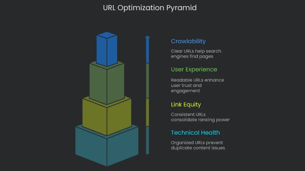 A pyramid showing the different levels of URL optimization. Each layer consists of the domain name, the folder name, the URL path, etc.