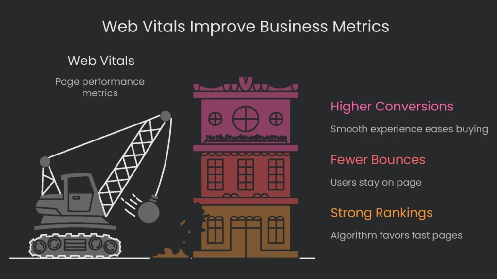 Infographic that demonstrates the relationship between Web Vitals metrics with various business metrics, such as the increase in sales and engagement.