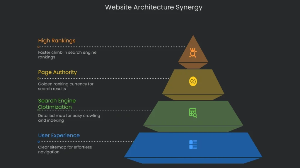 Venn diagram showing how site architecture, user experience, and SEO are connected.