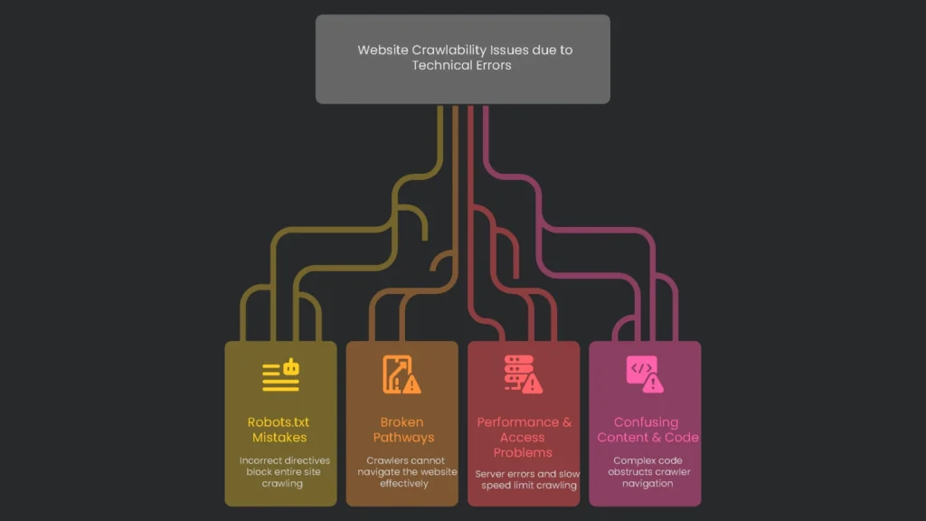 An illustration of a search engine bot blocked by some technical obstacles, thus, causing crawability problems.