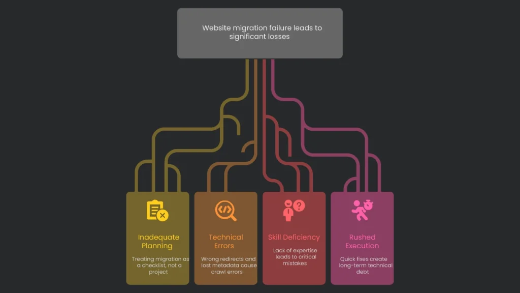 A graph displaying the unreasonable decline of revenue and traffic - a great exponent of the cost incurred from a website\'s migration failure.