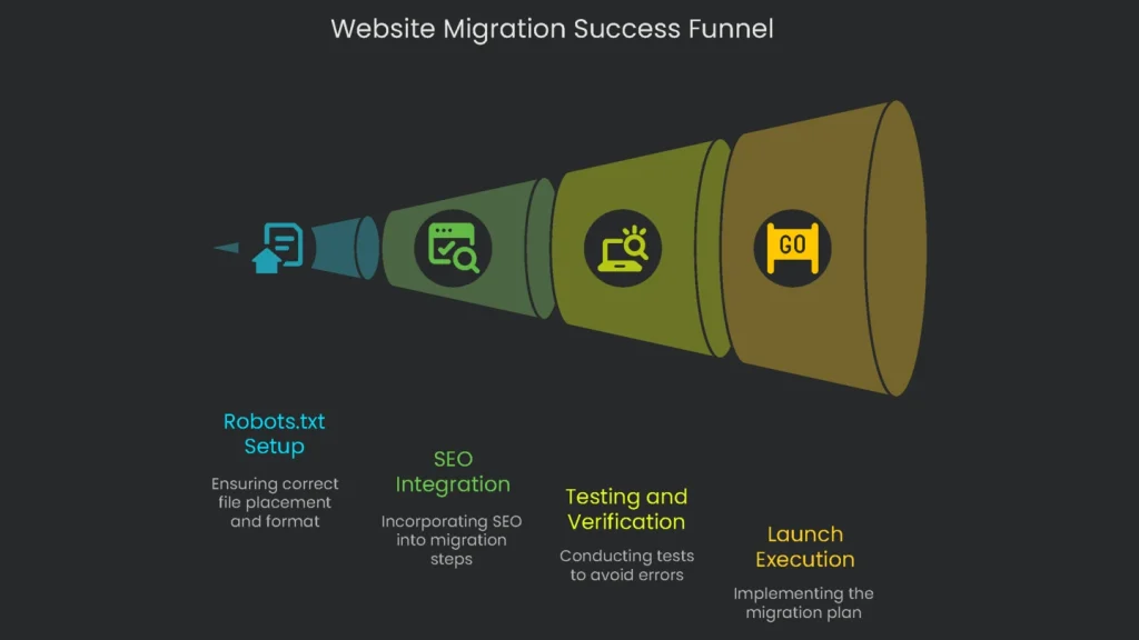 A funnel diagram capturing the steps involved within successful website migration.