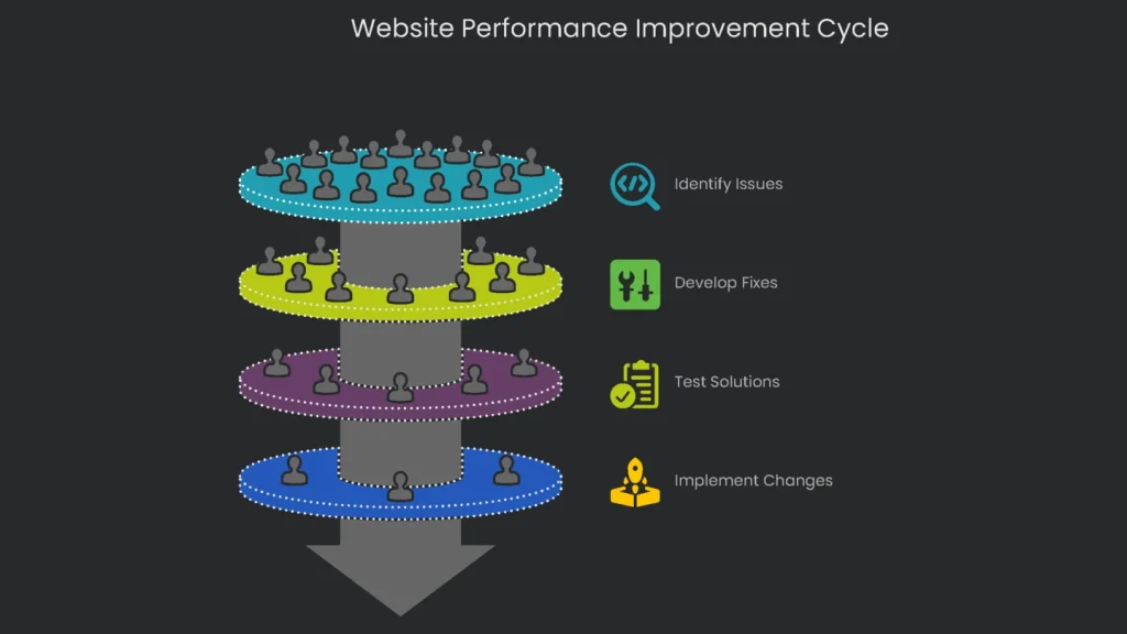 A circular diagram illustrating the continuous cycle of improvement for a website\'s performance.