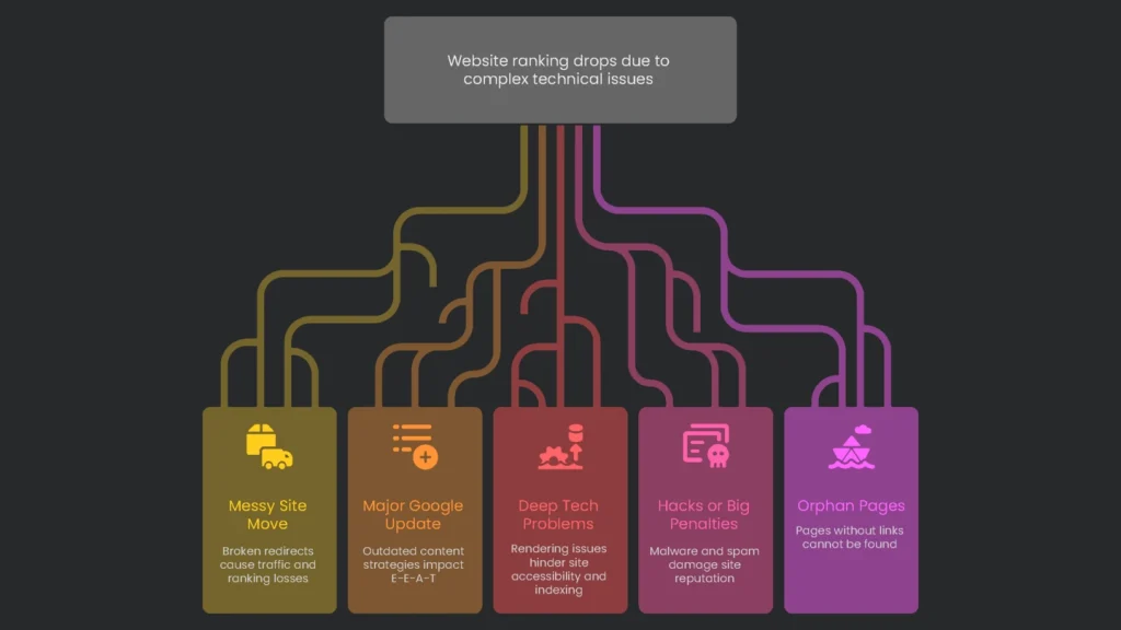 Diagram depicting less straightforward technical issues, such as crawl traps, causing decreases in website ranking.