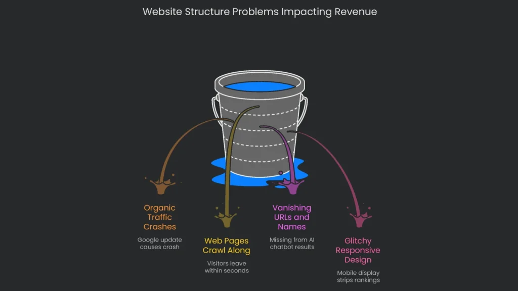 An infographic of a bucket with a hole in the bottom. This represents how poor site structure, like a nosedive in traffic, slow pages, and poor responsive design, loses revenue.