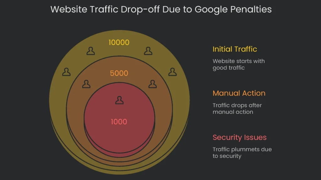 Diagram of a website in a penalty box representing a Google penalty, leading to a drop in traffic.