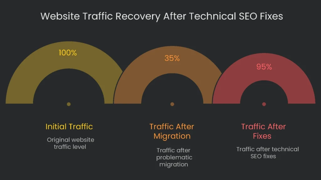 A image illustrating the drop in website traffic after technical SEO processes were done and the surge that happens after.