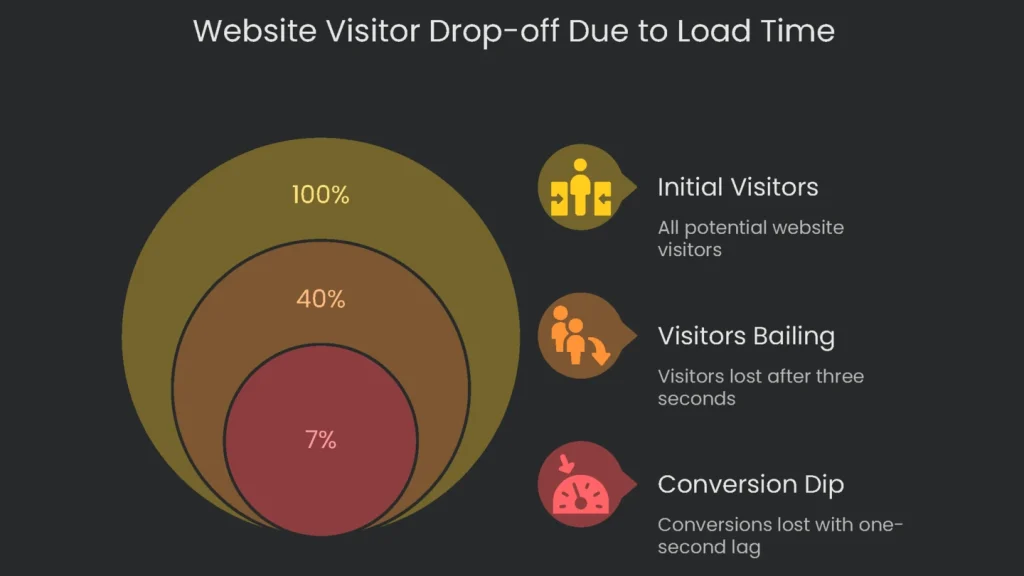 A graph indicating a sharp drop off of visitors to a website because the website takes a long time to load.