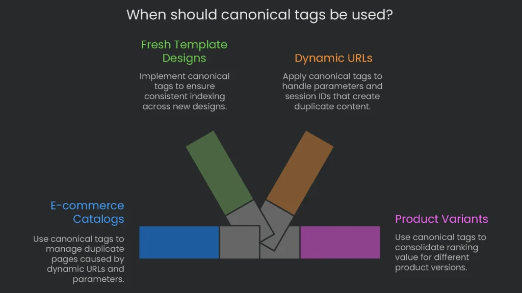 A flow chart showing the steps to take for managing use of canonical tags to duplicate content.