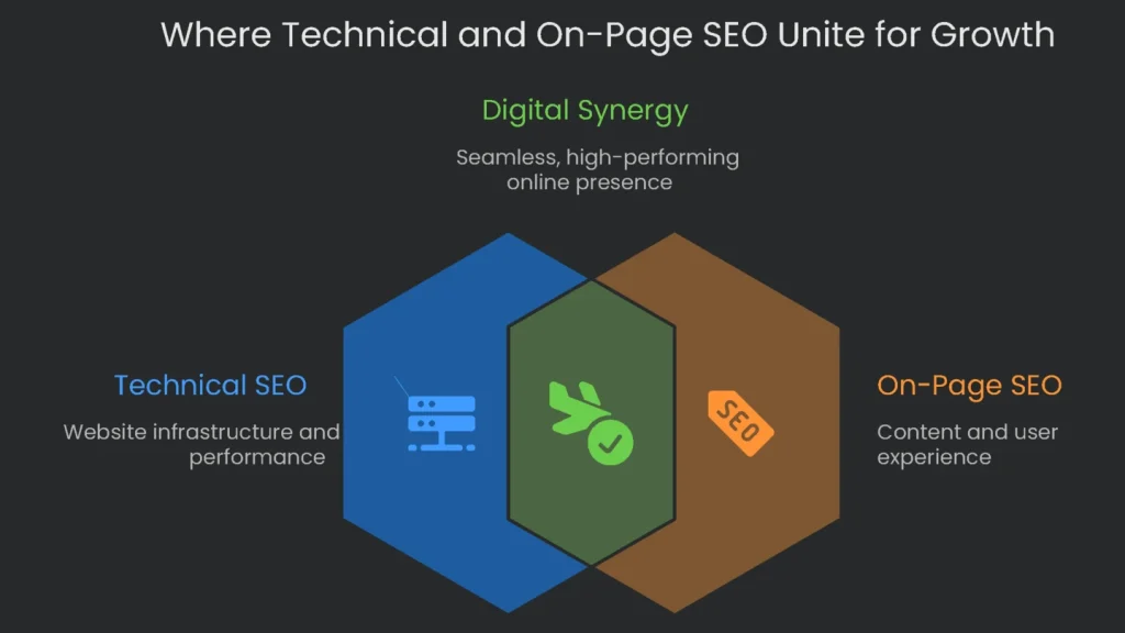 A Venn diagram illustrating the technical integration with on-page SEO adding value for business expansion.
