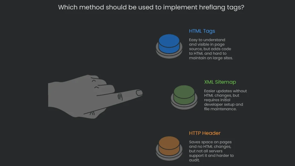 Table outlining the advantages and disadvantages of using hreflang tag HTML integration, HTTP Header, and Sitemap.